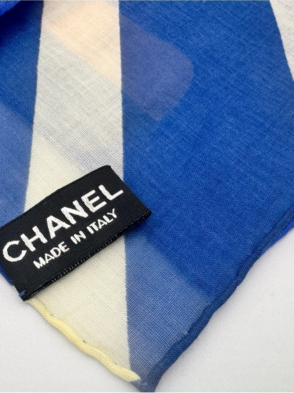Vintage CHANEL Gabrielle Coco Chanel Silk Scarf Blue Red Graphic Print Italy